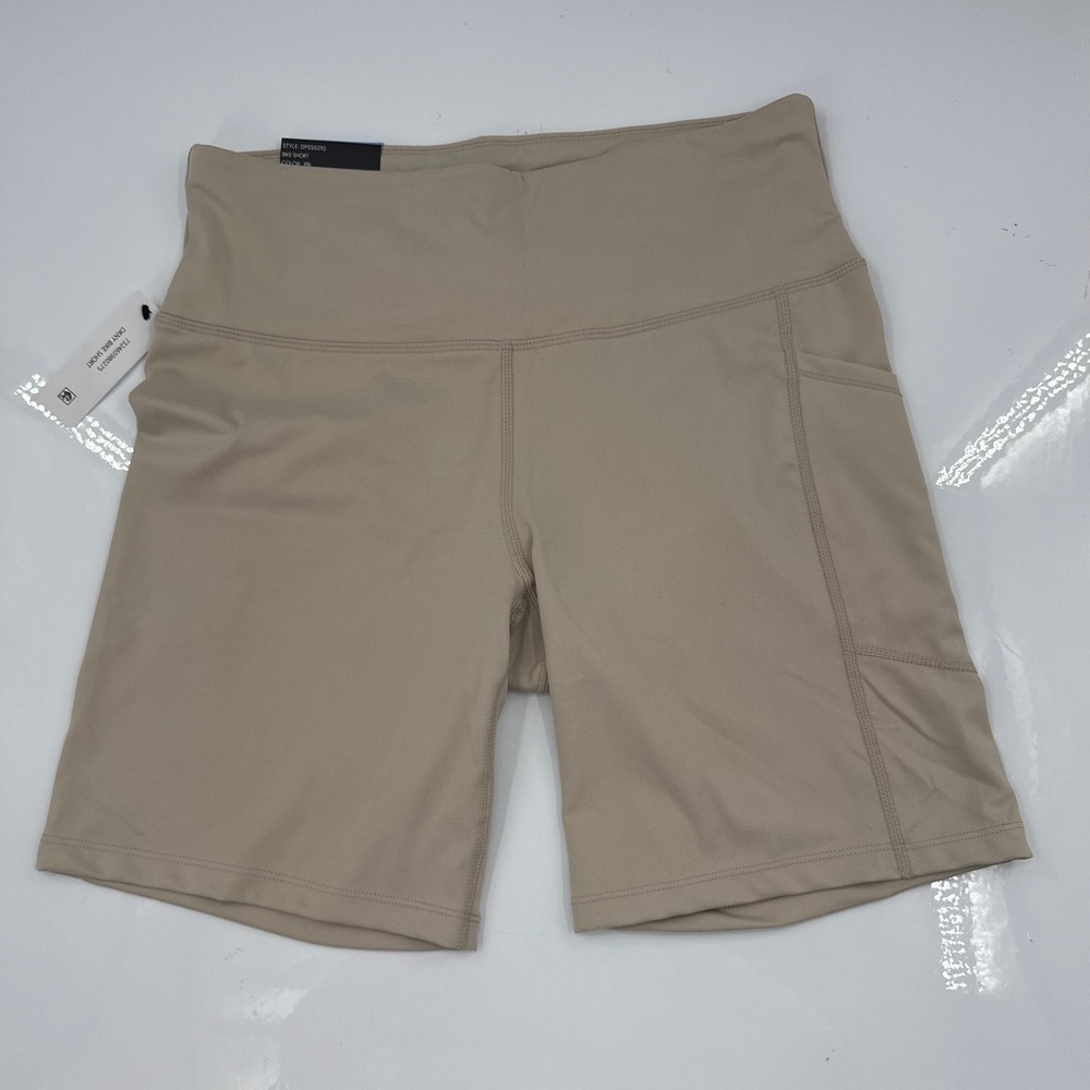 DKNY Womens High Waisted Bike Shorts Tan Beige 7 Inch Inseam Pockets Size Large